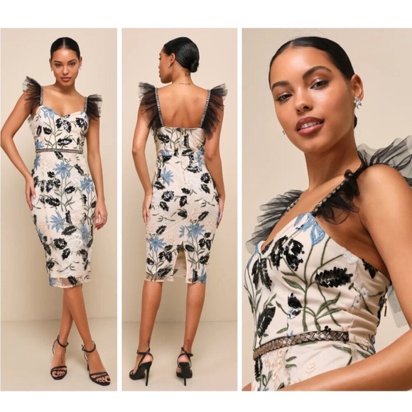 New Lulus Show Stopper Cream Embroidered Sequin Bodycon Midi Dress Sequin Beaded - Picture 6 of 15